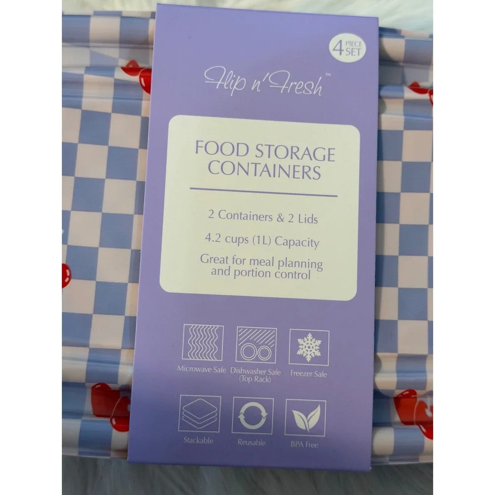 Gossi Flip n Fresh Food Storage Containers 4pc Set Blue Checkered Cherry Pattern